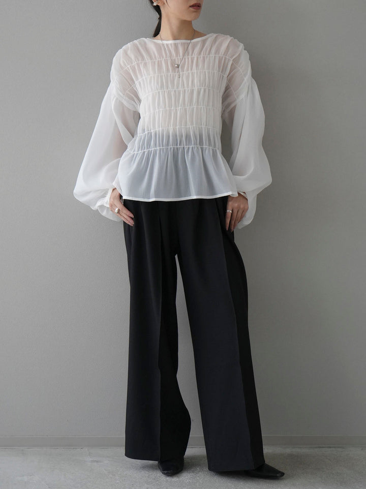 [SET] Shirring washer sheer blouse + design tuck wide pants (2set)