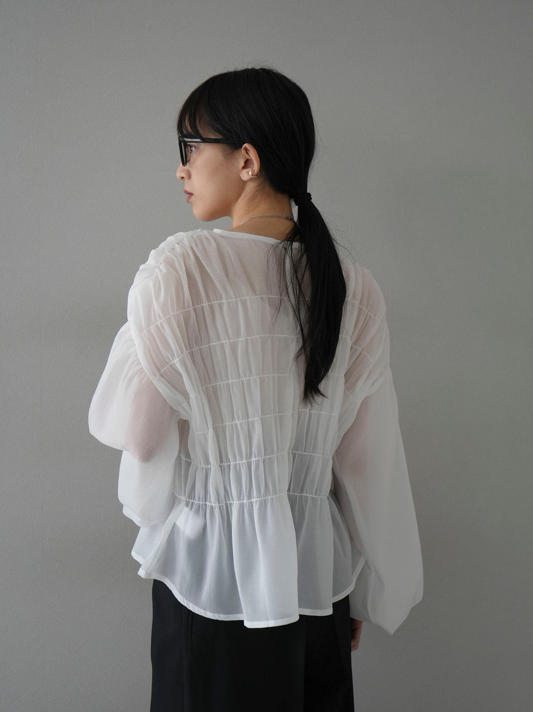 [SET] Shirring washer sheer blouse + design tuck wide pants (2set)