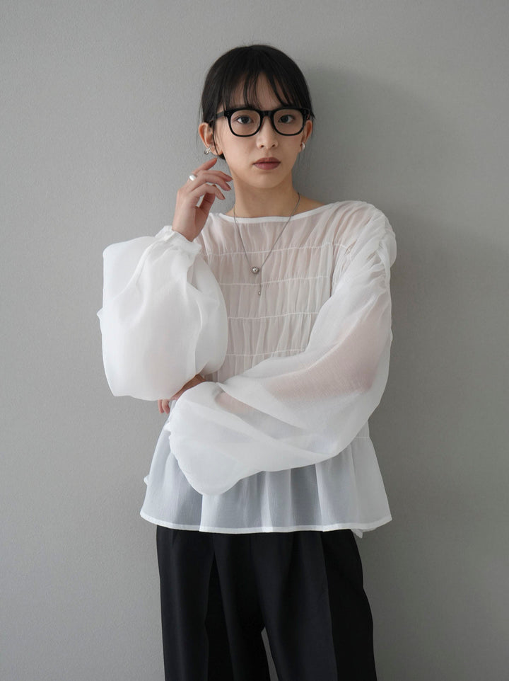 [SET] Shirring washer sheer blouse + design tuck wide pants (2set)