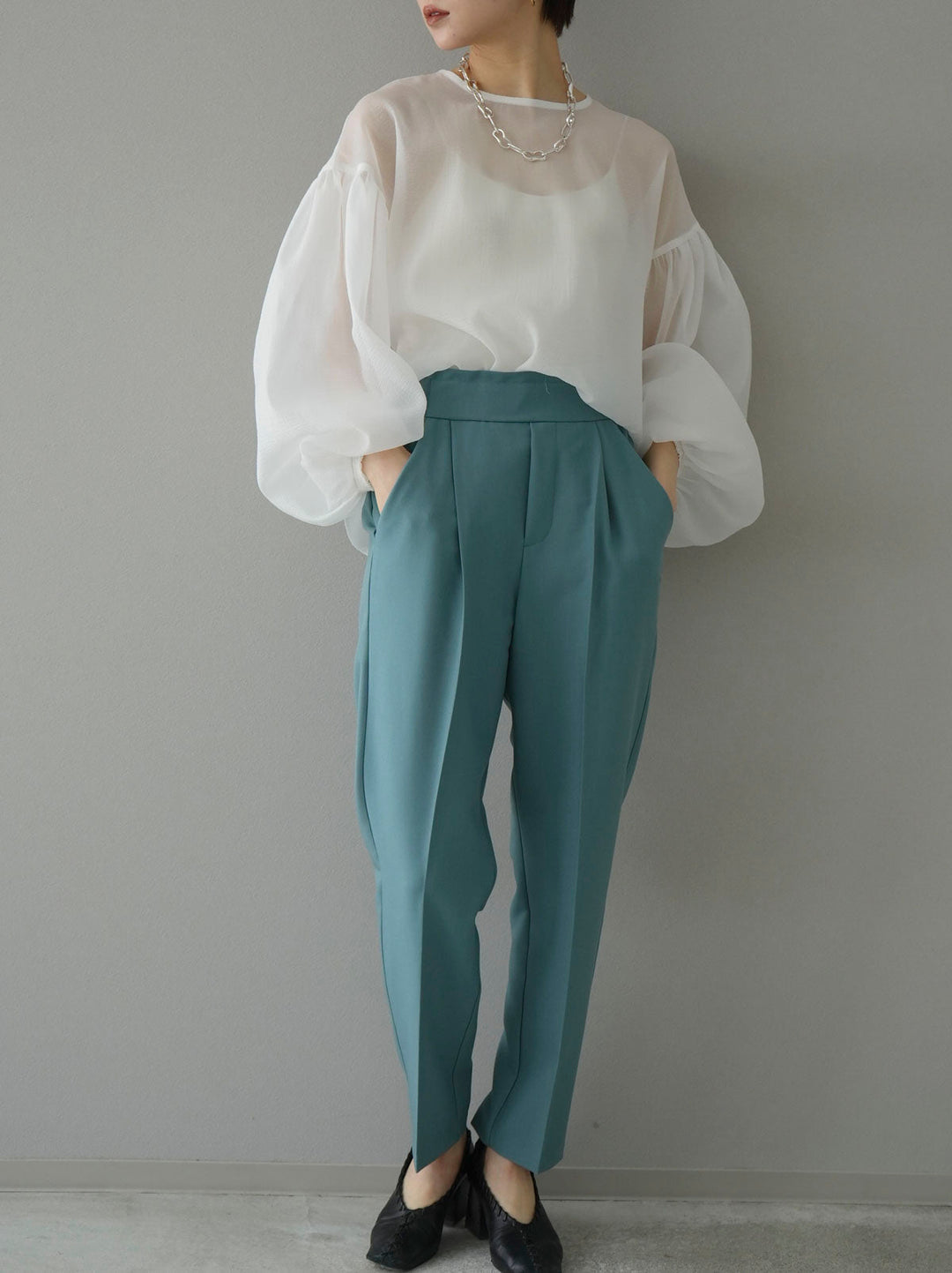 [SET] 捲袖水洗透明襯衫 + 寬鬆錐形褲 L (2set)