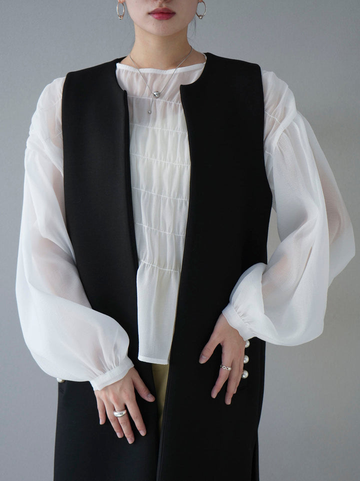 [SET] Shirring washer sheer blouse + pearl design ponte long gilet + easy tapered pants M (3set)