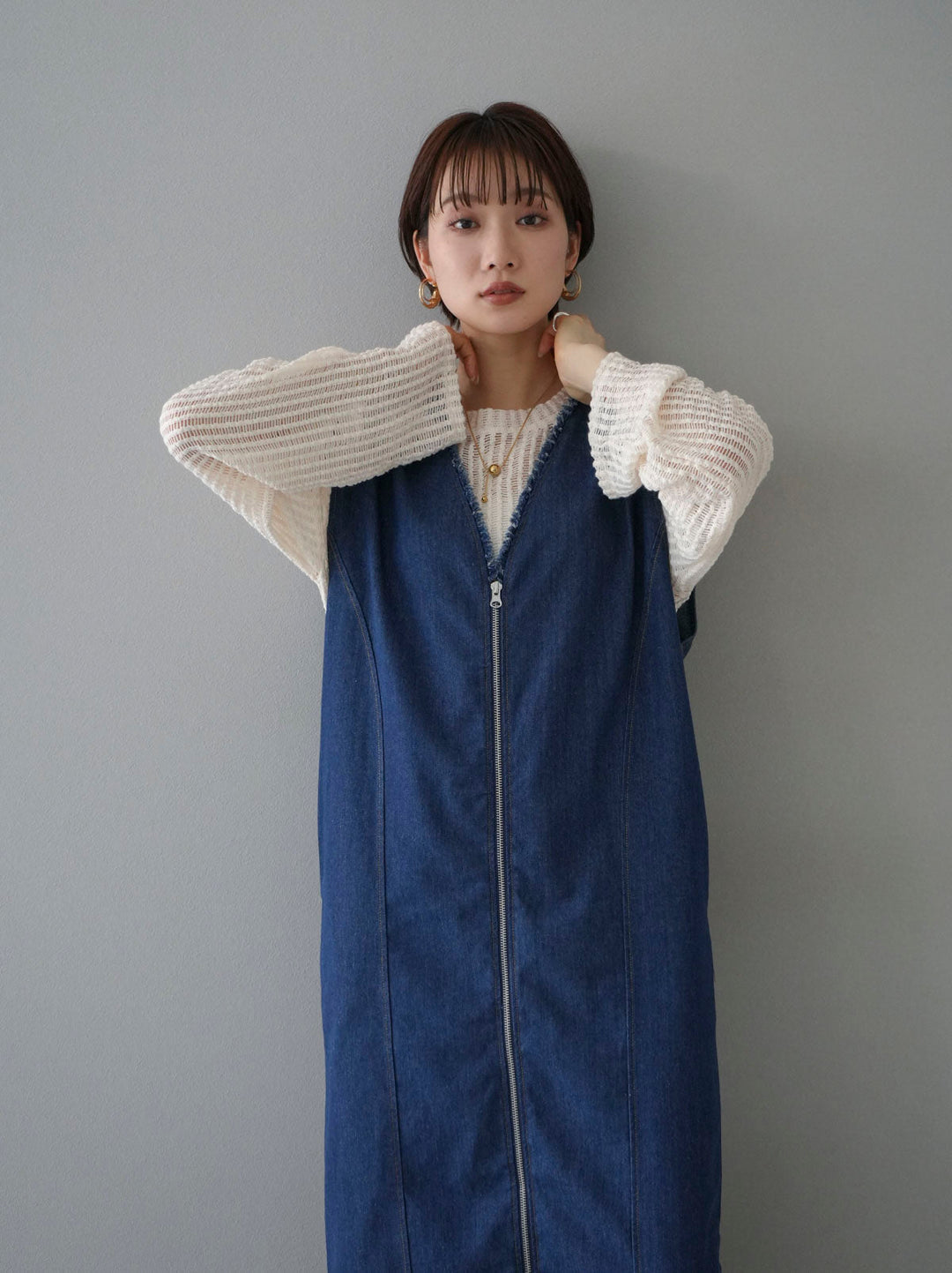 [SET] Mesh knit top + front zip denim fringe dress (2set)