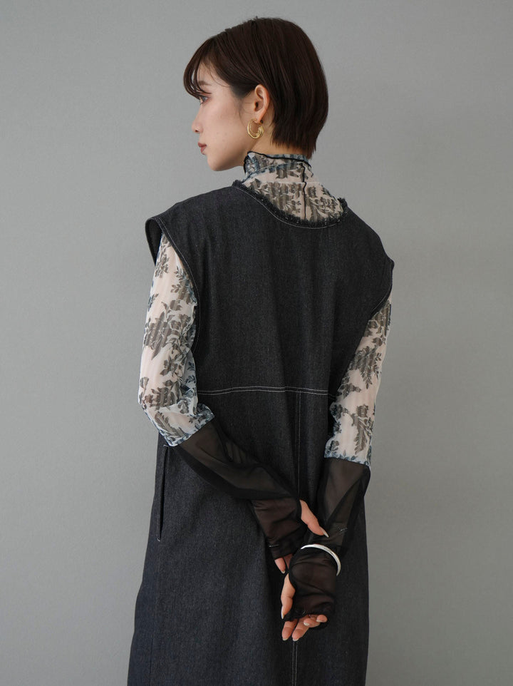[SET] Front zip denim fringe dress + sleeve switching flower print tulle top (2set)