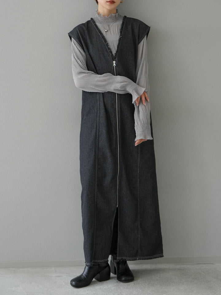 [SET] Front zip denim fringe dress + shirred chiffon blouse (2set)