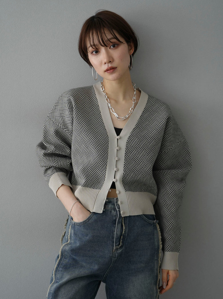 SET]幾何学柄ポリエステルニットカーディガン+フリンジボーイフレンド  