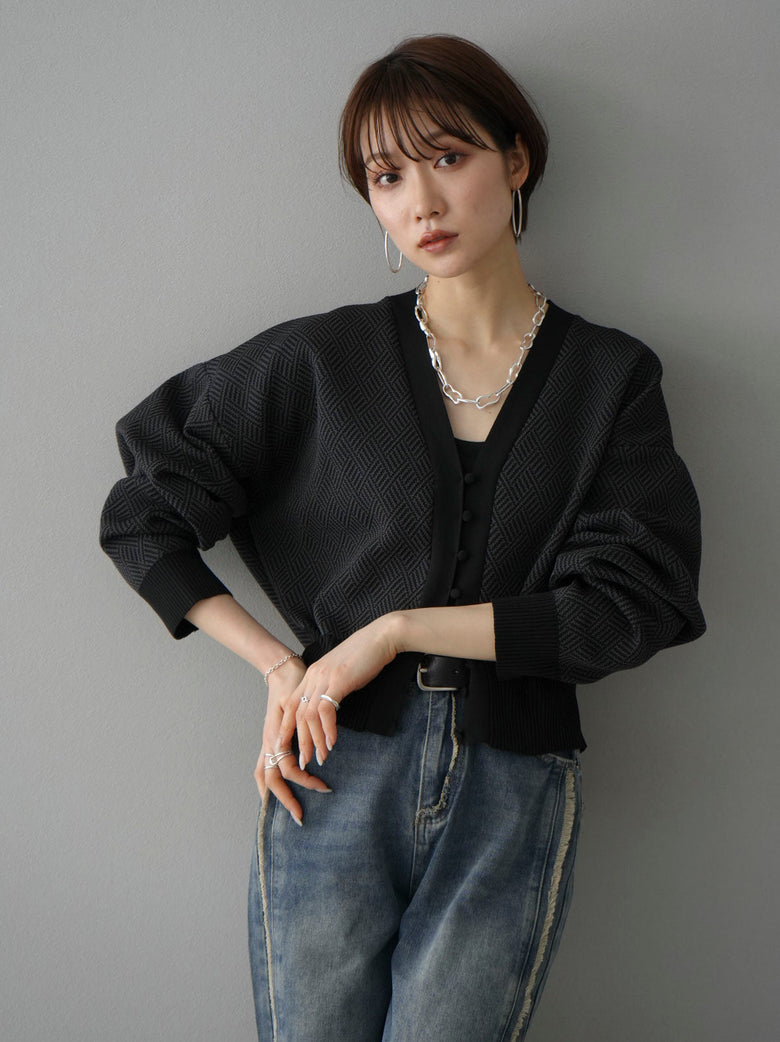 SET]幾何学柄ポリエステルニットカーディガン+フリンジボーイフレンド  