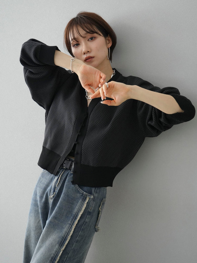 SET]幾何学柄ポリエステルニットカーディガン+フリンジボーイフレンド  