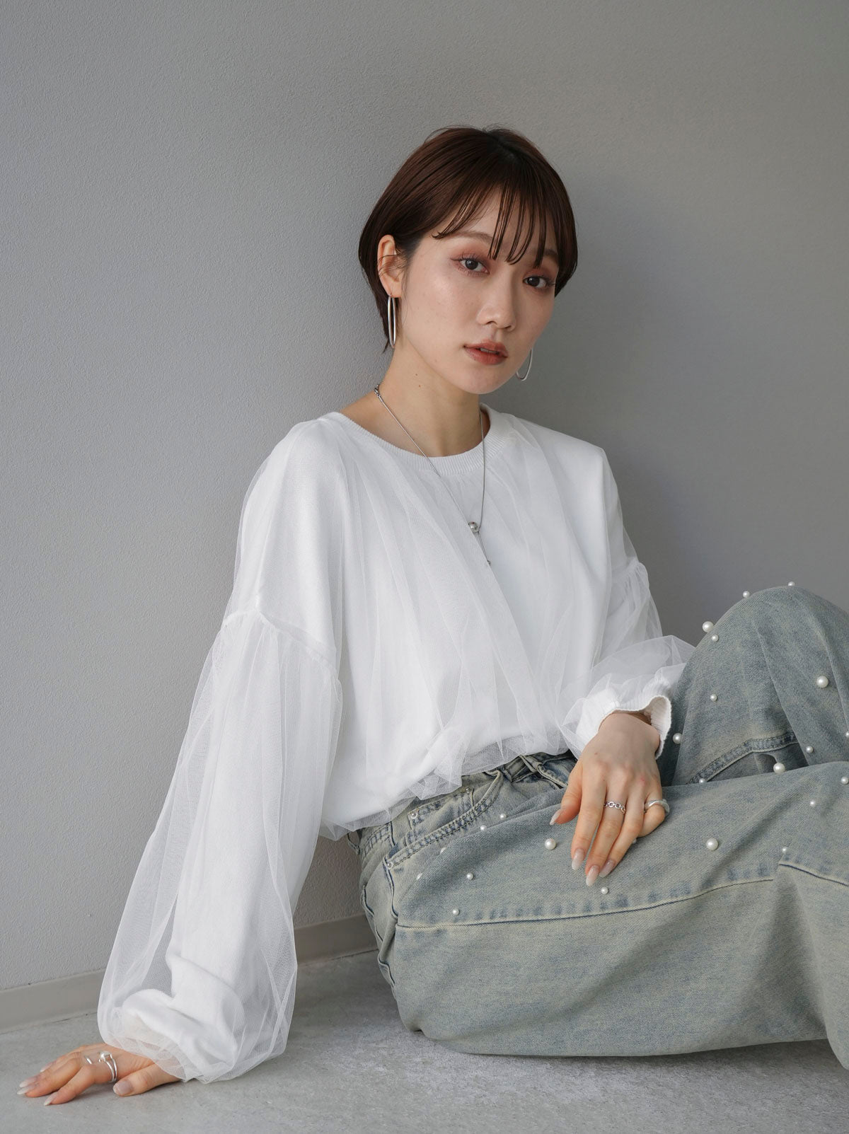 [SET] Tulle layered knit top + pearl boyfriend denim (2set)