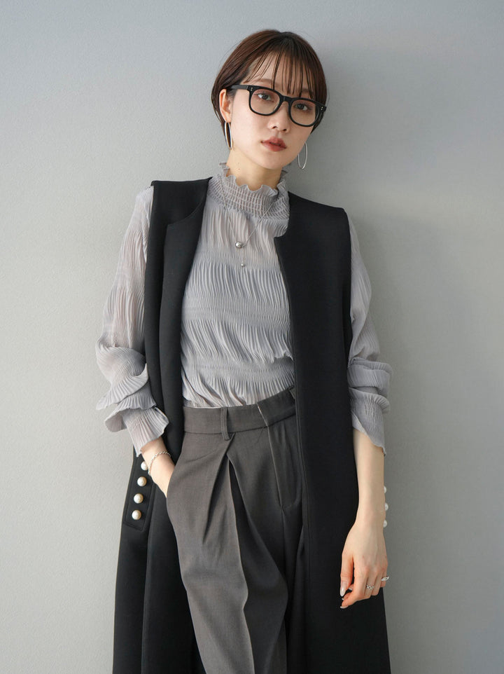 [SET] Shirring chiffon blouse + design tuck wide pants (2set)
