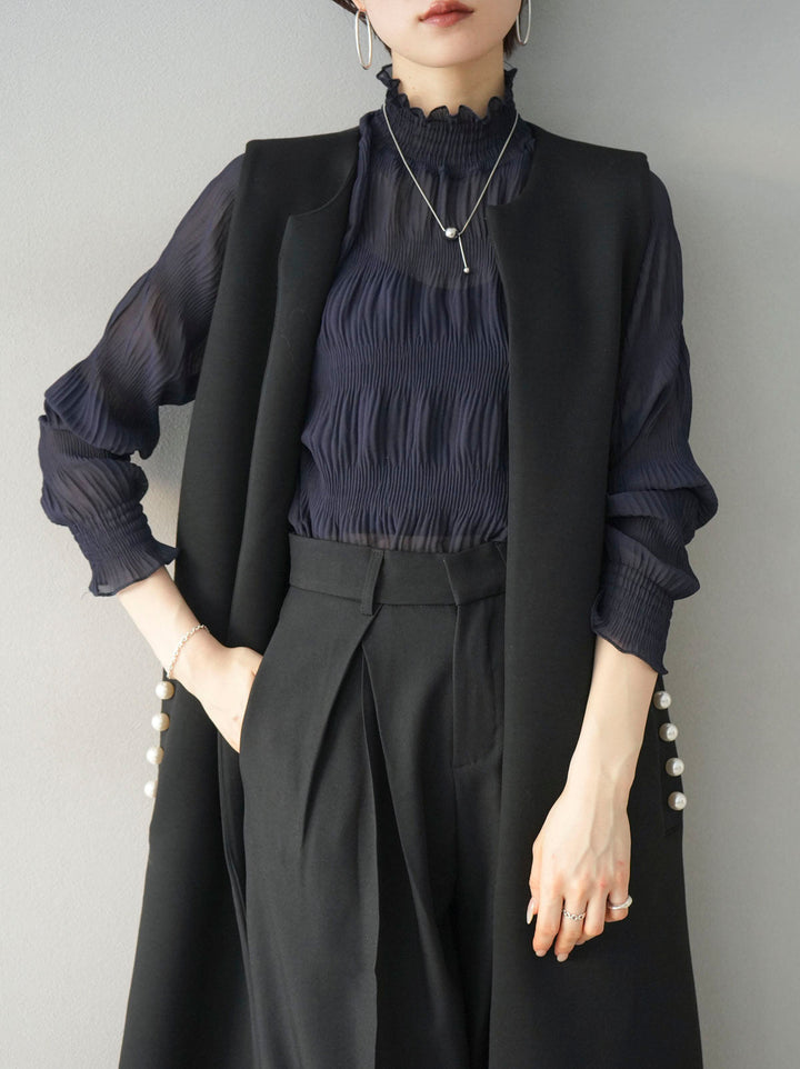 [SET] Shirring chiffon blouse + design tuck wide pants (2set)