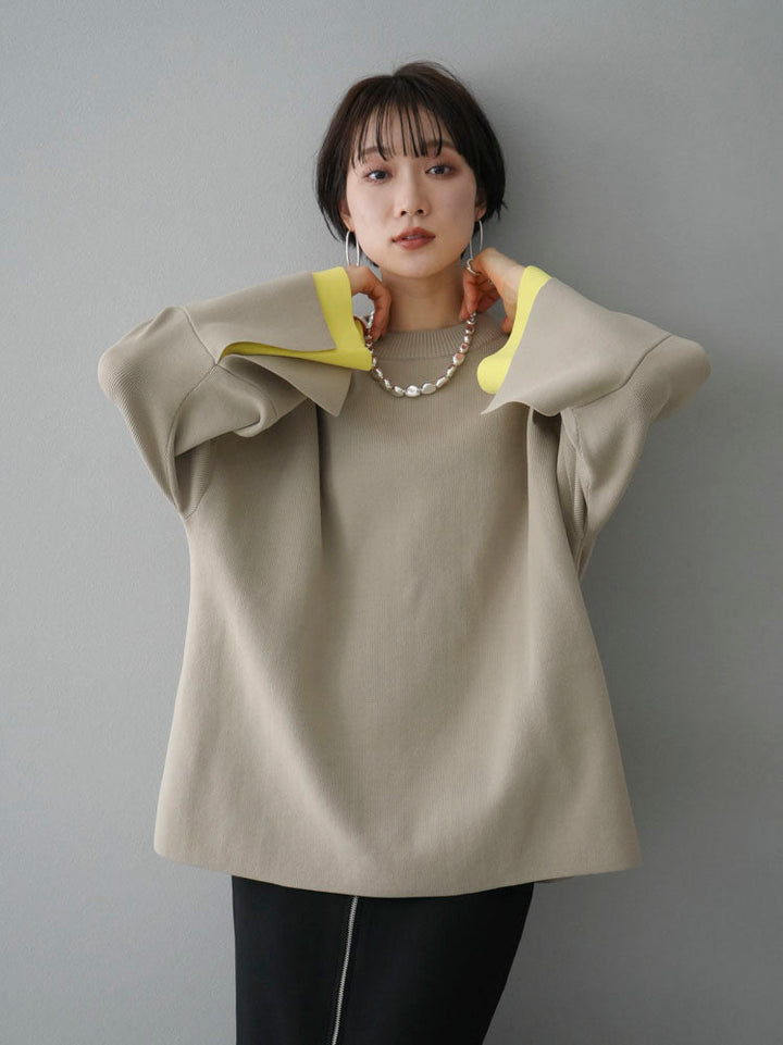 [SET] Color-coordinated sleeve Milan rib knit pullover + choice of necklace (2 sets)