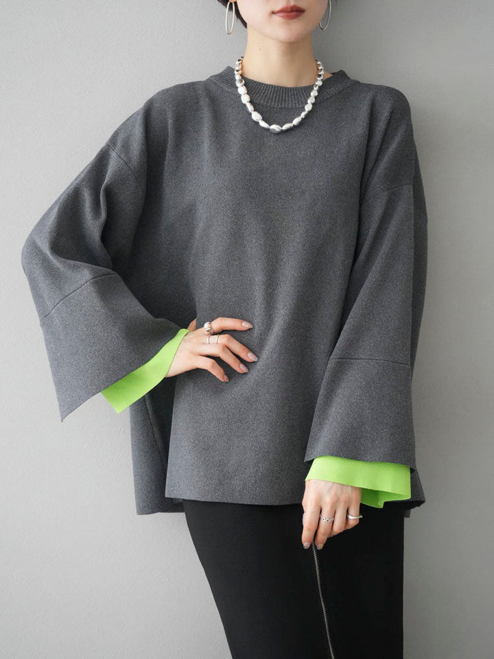 [SET] Color-coordinated sleeve Milan rib knit pullover + choice of necklace (2 sets)