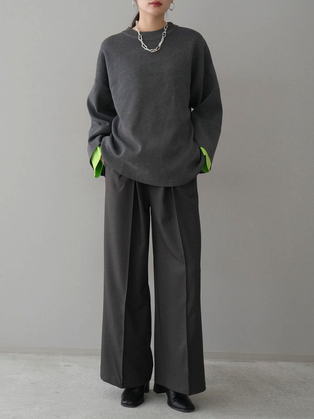 [SET] Color-matched sleeve Milan rib knit pullover + design tuck wide pants (2 sets)