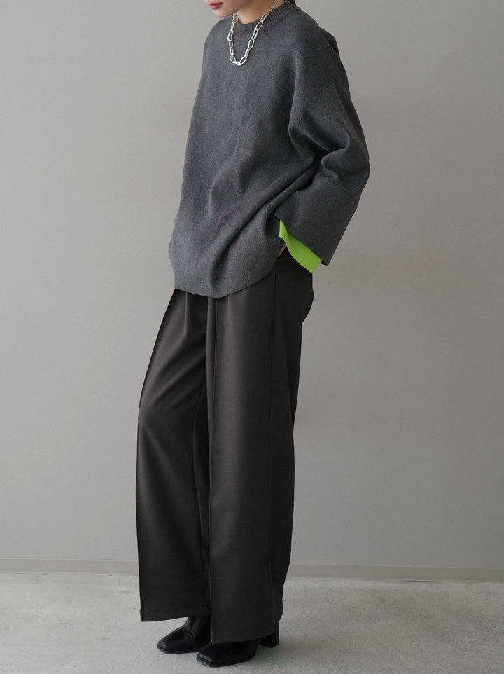 [SET] Color-matched sleeve Milan rib knit pullover + design tuck wide pants (2 sets)