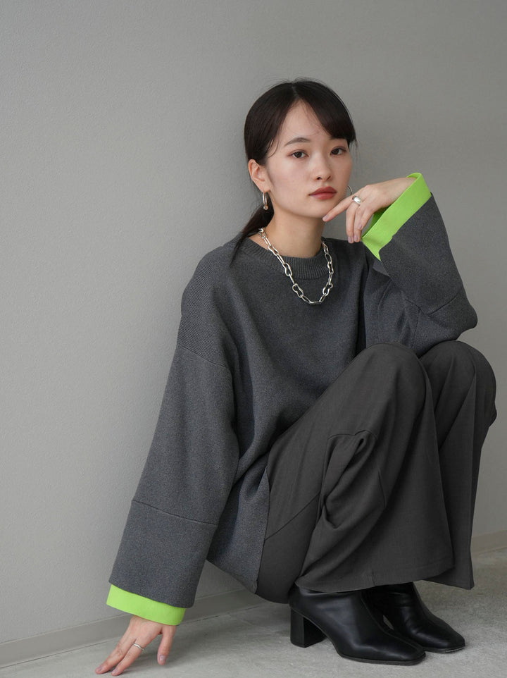 [SET] Color-matched sleeve Milan rib knit pullover + design tuck wide pants (2 sets)