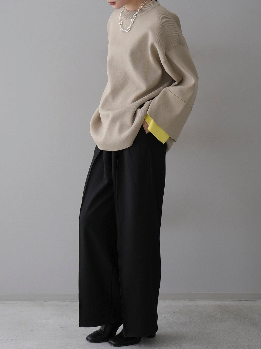 [SET] Color-matched sleeve Milan rib knit pullover + design tuck wide pants (2 sets)