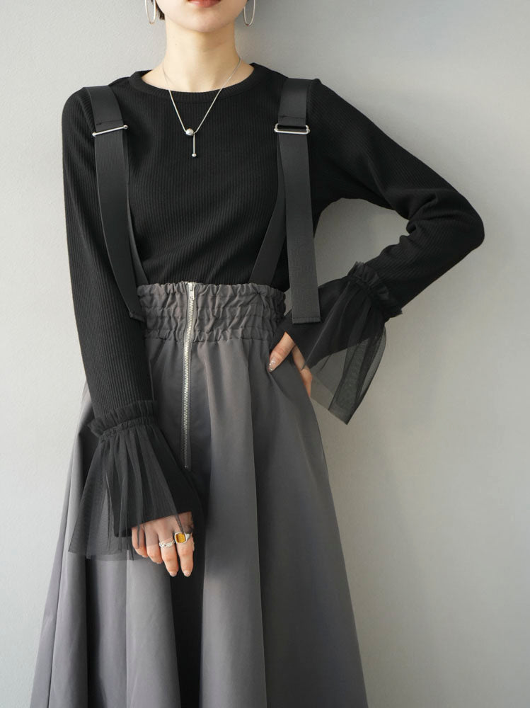 SET]チュールカフスリブカットソー+サスペンダー2WAYベネシャンフレア