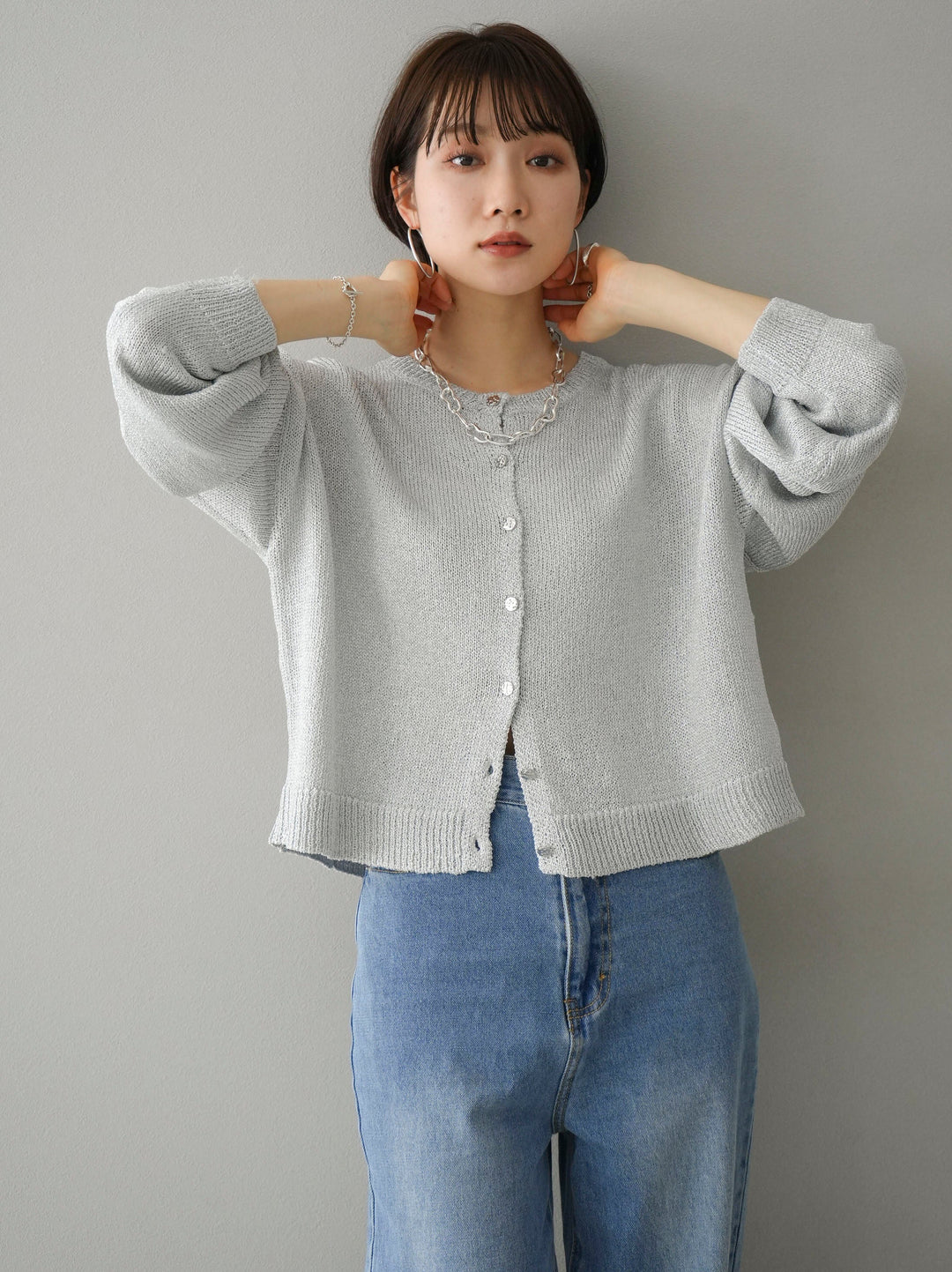 [SET] Metal button glitter knit cardigan + pocket design straight denim (2set)