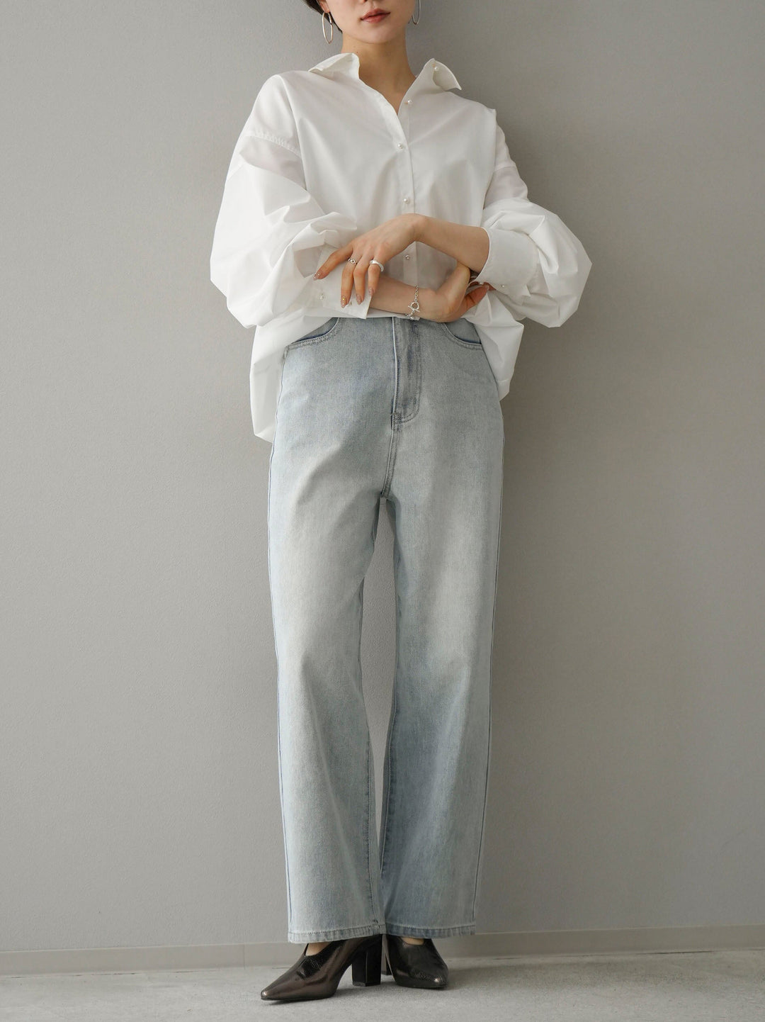 【SET】珍珠紐扣捲袖襯衫+口袋設計直筒牛仔布（2set）