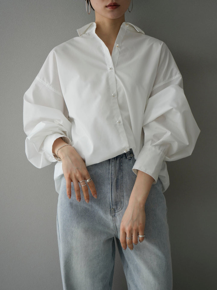 【SET】珍珠紐扣捲袖襯衫+口袋設計直筒牛仔布（2set）