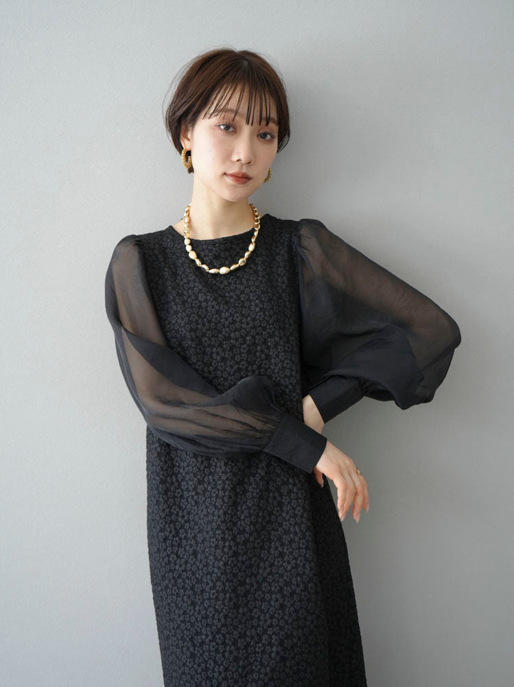 [SET] Puffy Flower Jacquard Tulle Sleeve Dress + Choice of Necklace (2SET)