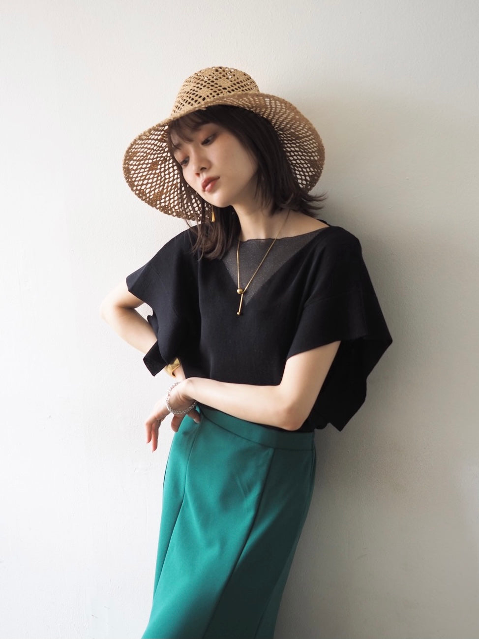 [SET] Mixed material flare French sleeve knit + Georgette mermaid skirt (2set)