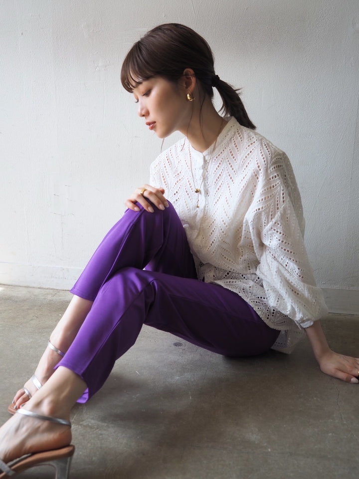 [SET] Cotton lace band collar shirt blouse + ponte front slit pants (2set)