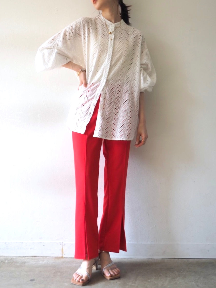 [SET] Cotton lace band collar shirt blouse + ponte front slit pants (2set)