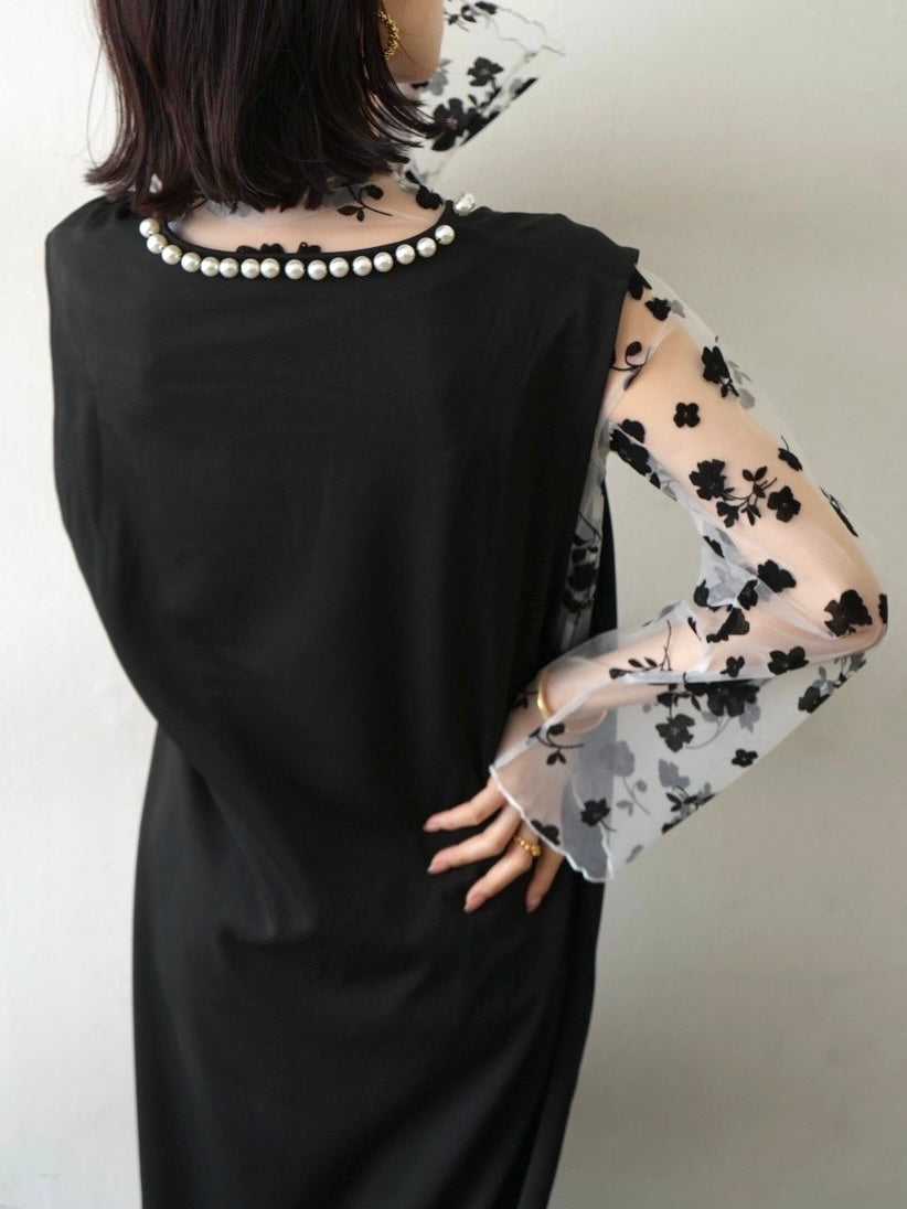 [SET] Pearl design key neck dress + flower flocked sheer top (2set) 