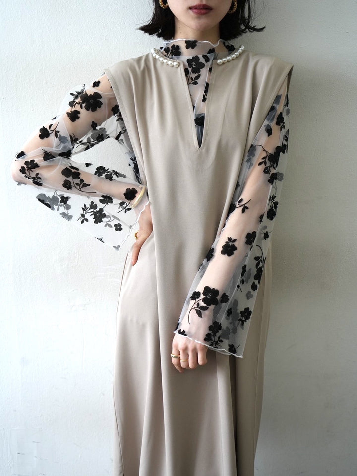 [SET] Pearl design key neck dress + flower flocked sheer top (2set) 