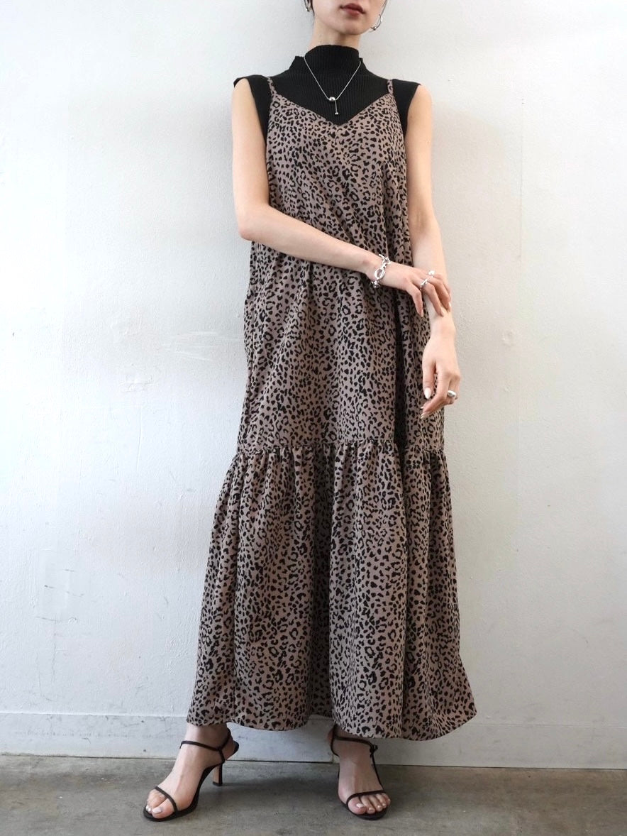 [Pre-order] Animal print tiered camisole dress/beige