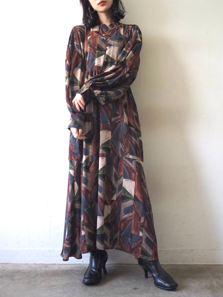 【預訂】復古印花捲袖連身裙/棕色