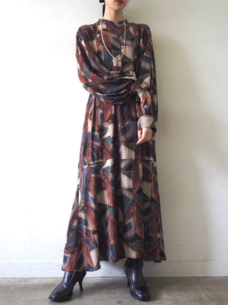 Pre-order] Retro Print Volume Sleeve Dress/Brown – Lumier