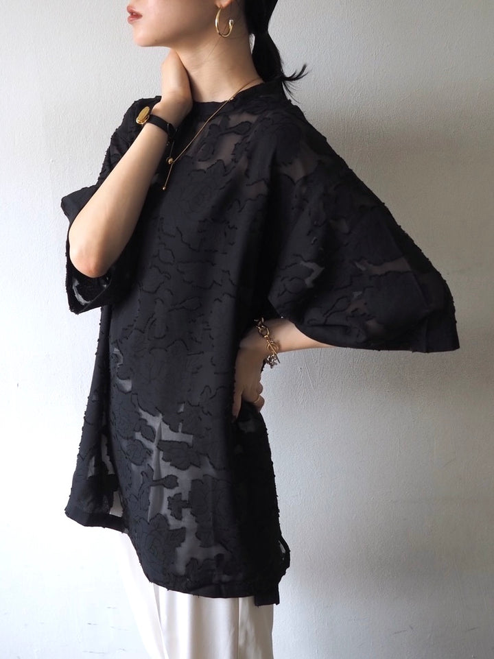 【預訂】透明提花半袖上衣/黑色