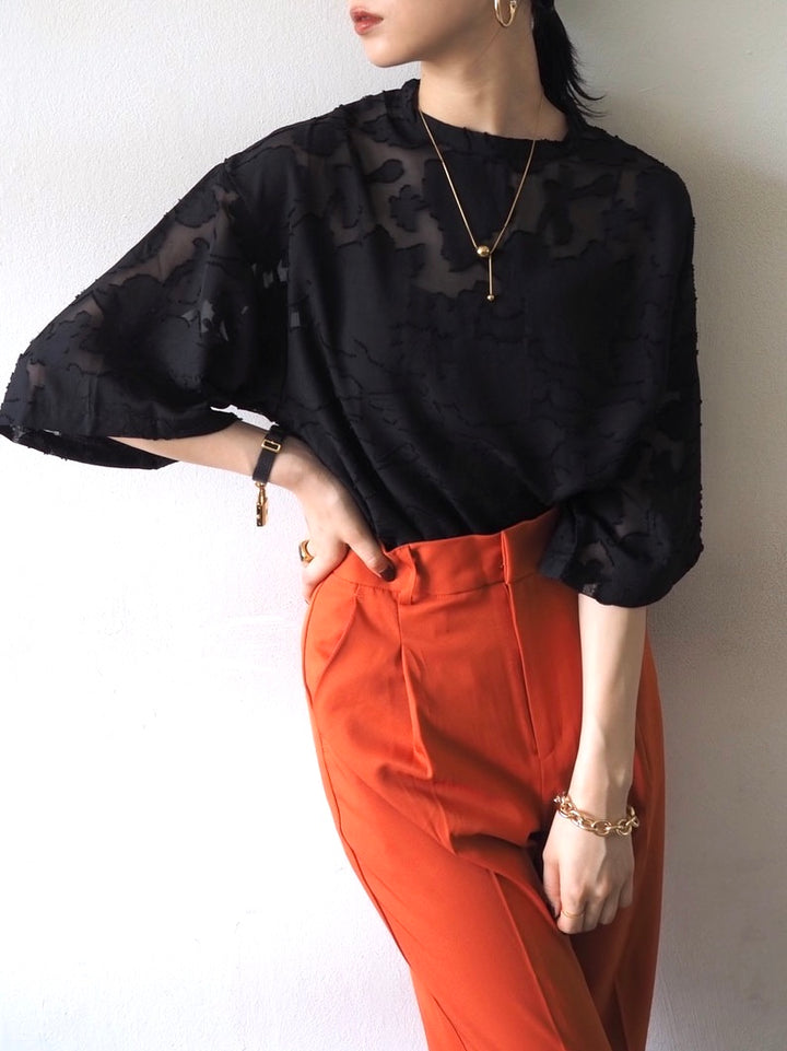 【預訂】透明提花半袖上衣/黑色