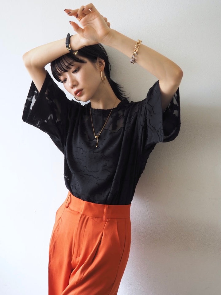 【預訂】透明提花半袖上衣/黑色
