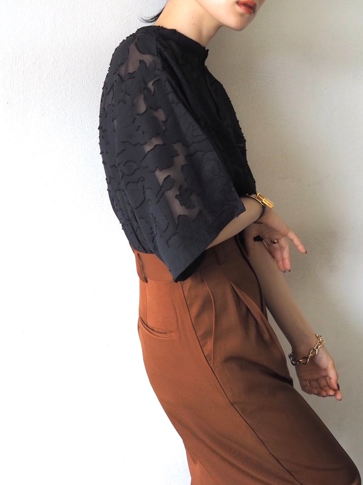 【預訂】透明提花半袖上衣/黑色