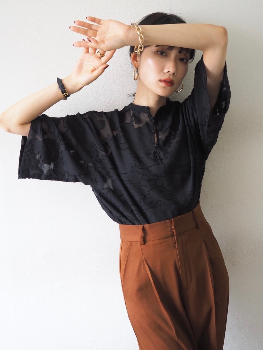 【預訂】透明提花半袖上衣/黑色
