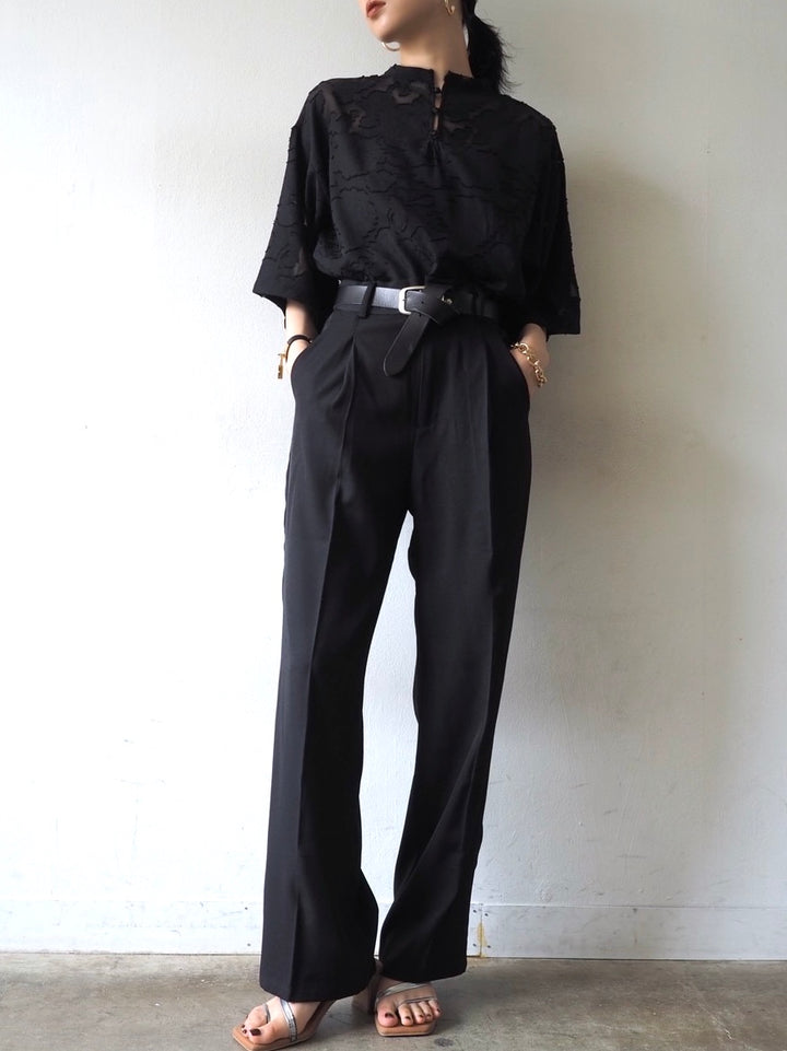 【預訂】透明提花半袖上衣/黑色