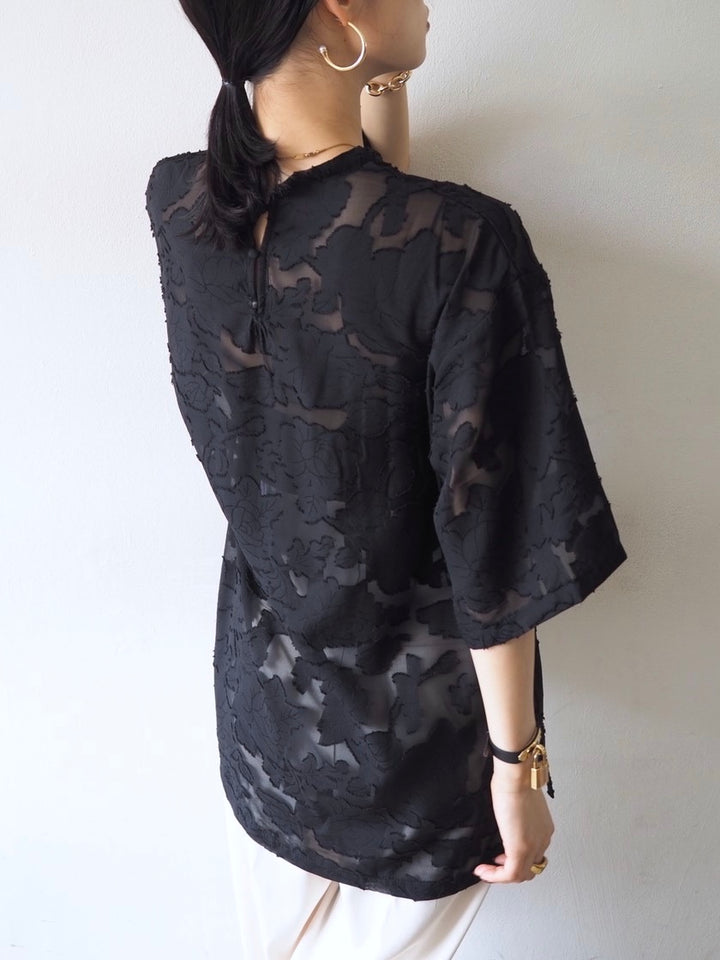 【預訂】透明提花半袖上衣/黑色