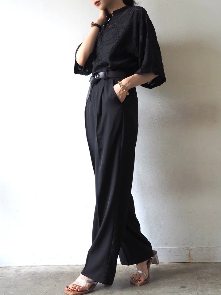 【預訂】透明提花半袖上衣/黑色