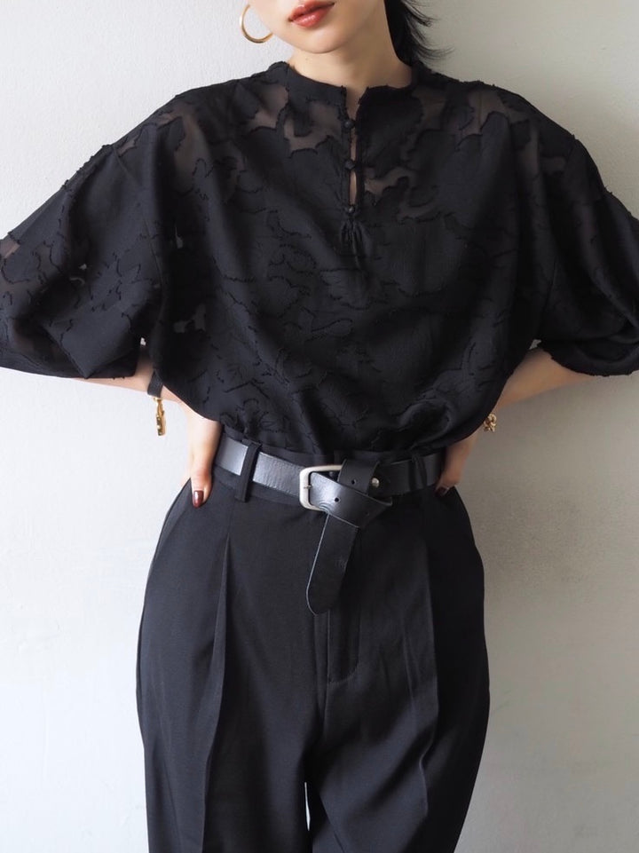 【預訂】透明提花半袖上衣/黑色