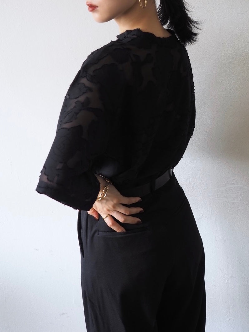 【預訂】透明提花半袖上衣/黑色