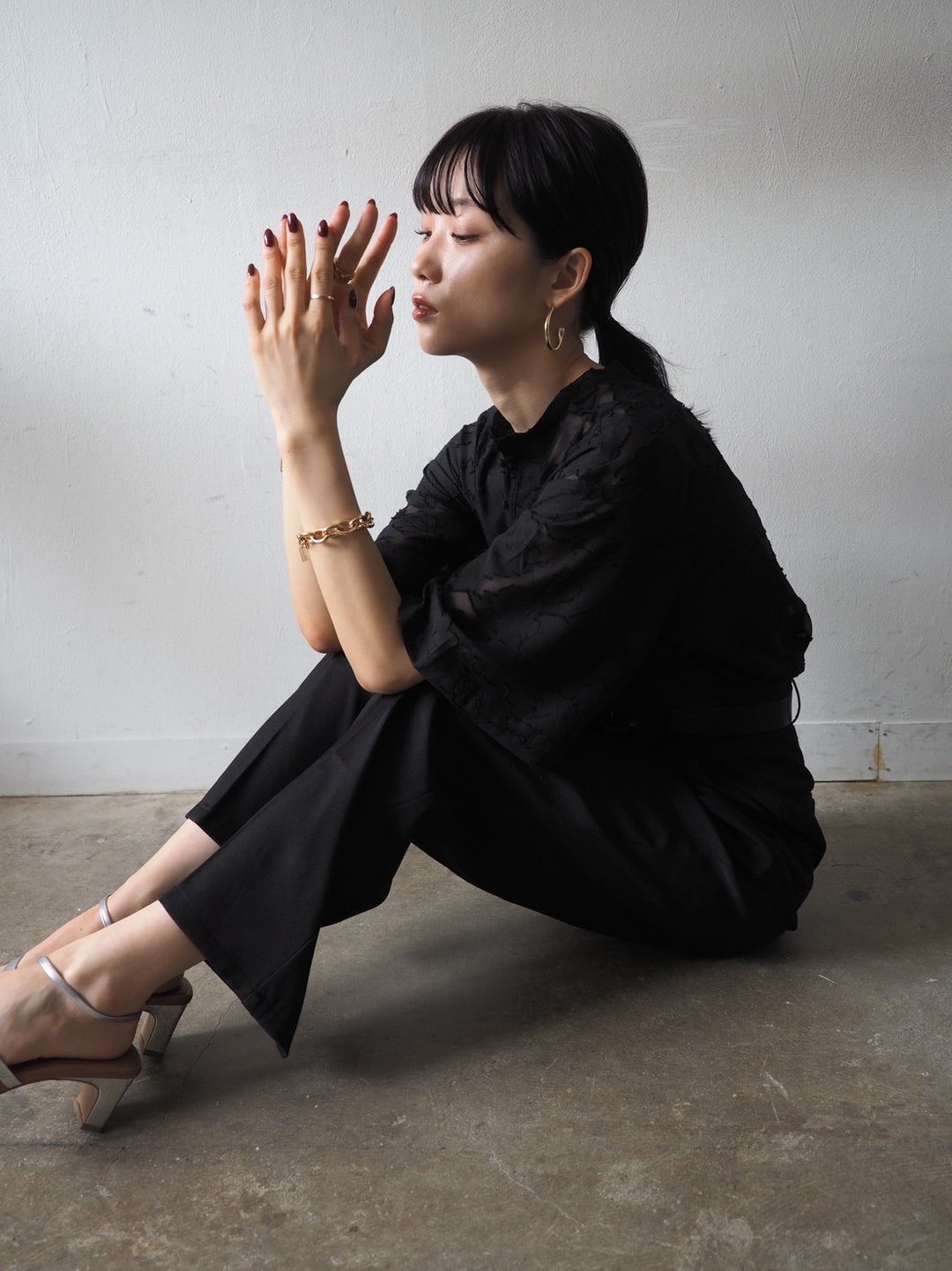 【預訂】透明提花半袖上衣/黑色