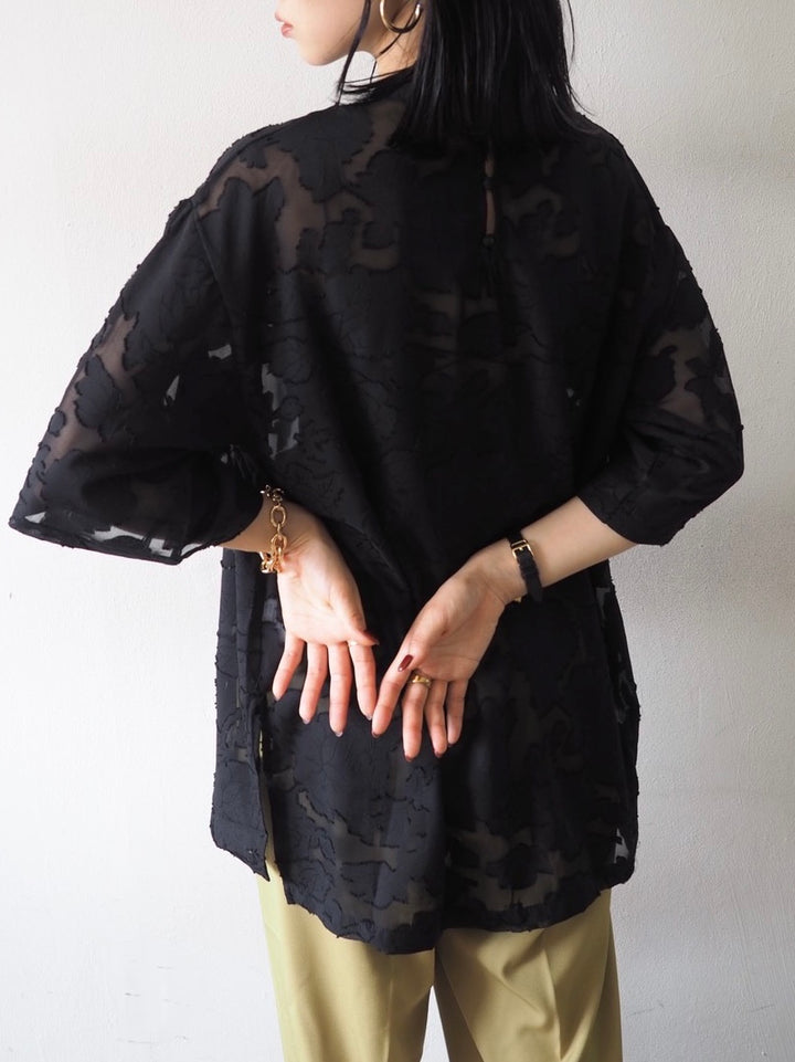 【預訂】透明提花半袖上衣/黑色