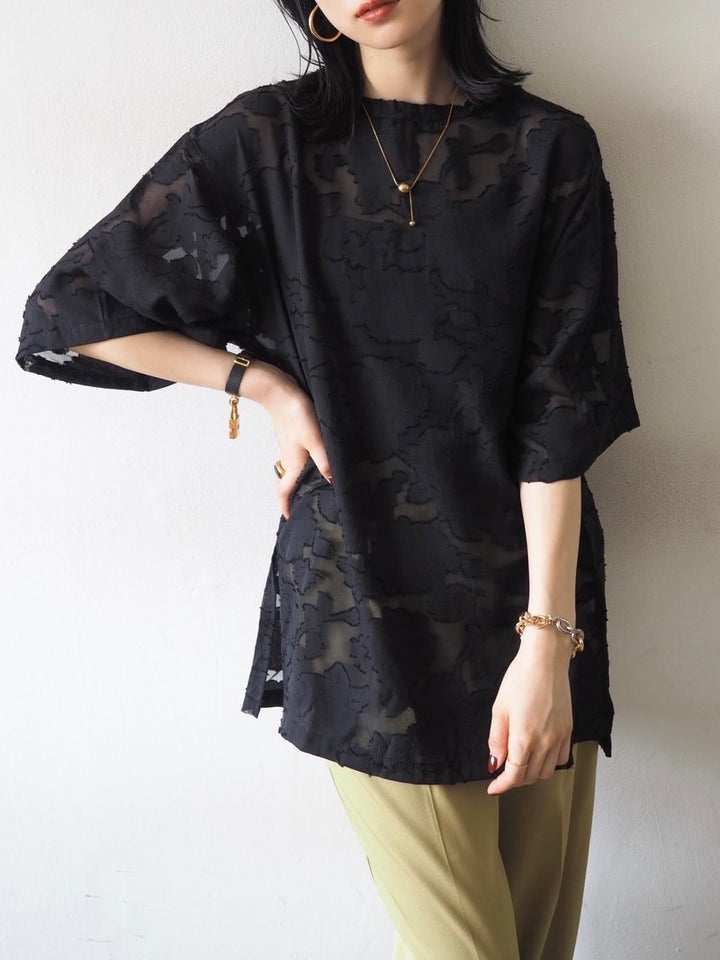 【預訂】透明提花半袖上衣/黑色