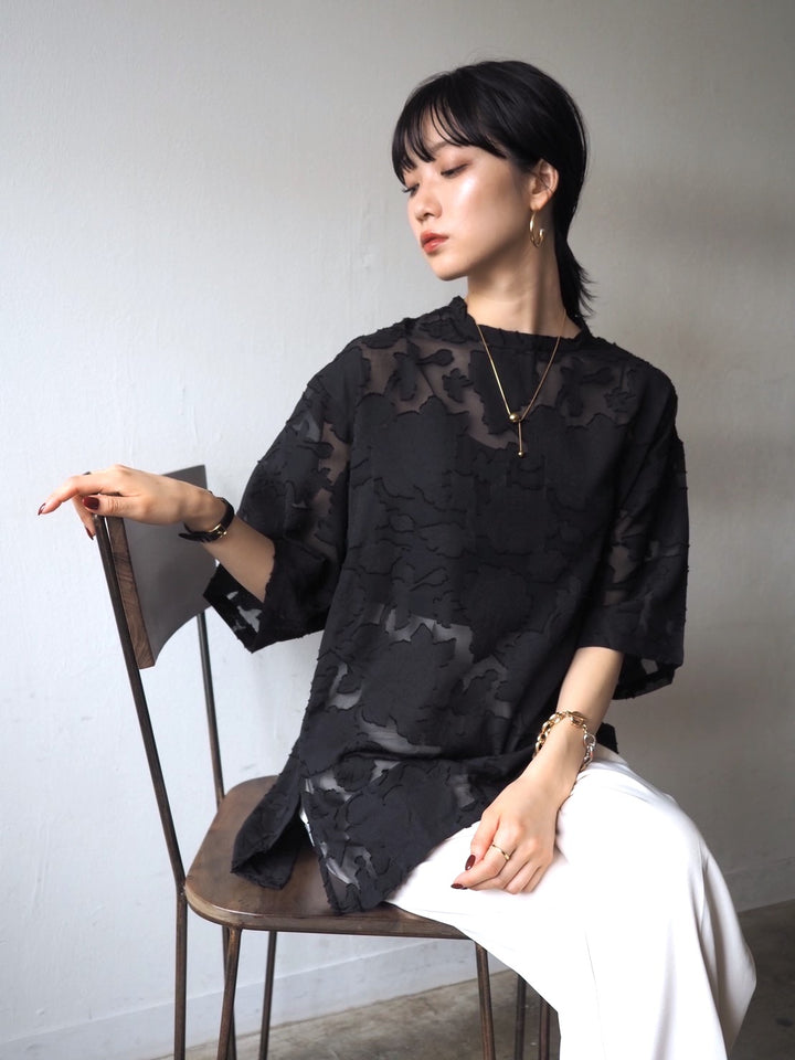 【預訂】透明提花半袖上衣/黑色