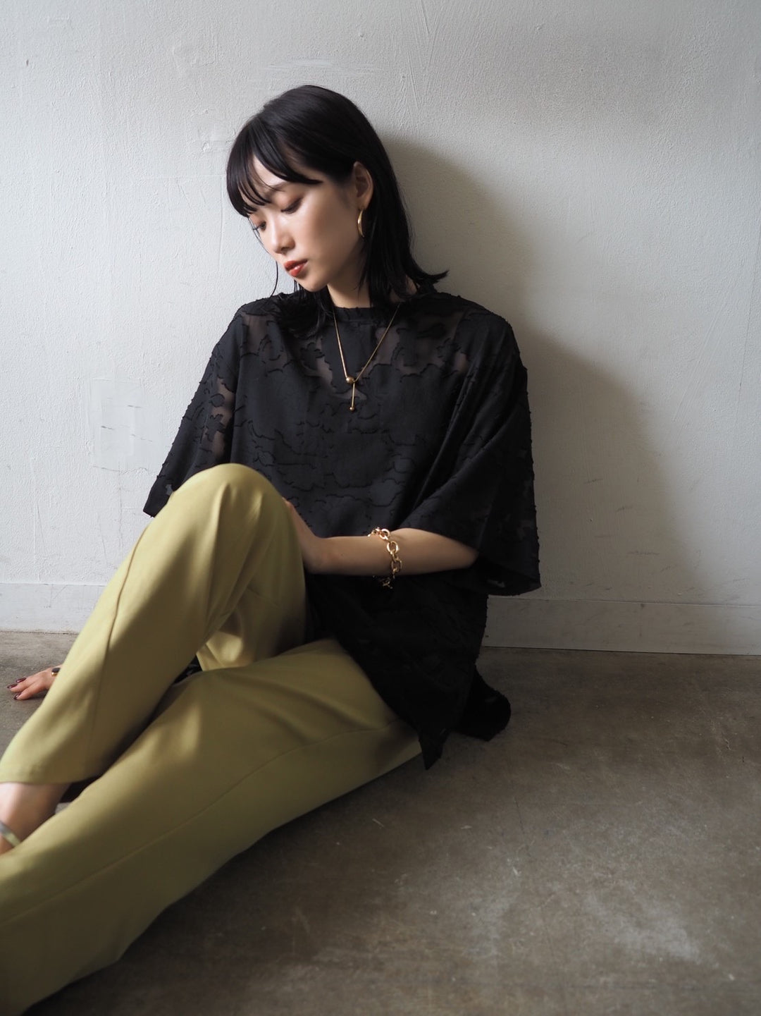 【預訂】透明提花半袖上衣/黑色