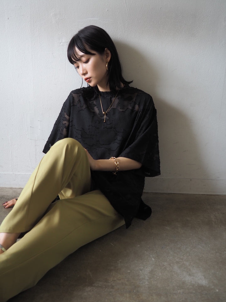 【預訂】透明提花半袖上衣/黑色