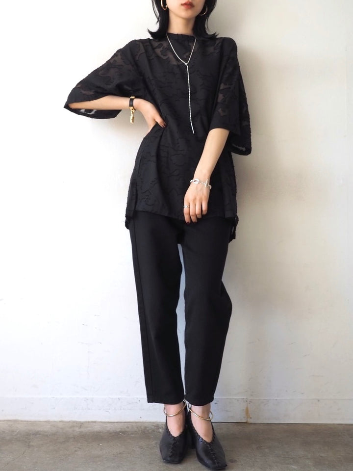 【預訂】透明提花半袖上衣/黑色